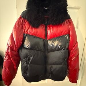 Red and Black Puffer Jacket with Fur Collar
